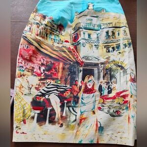 Silk Club Collection Cityscape Pencil Skirt in Turquoise Sz 6